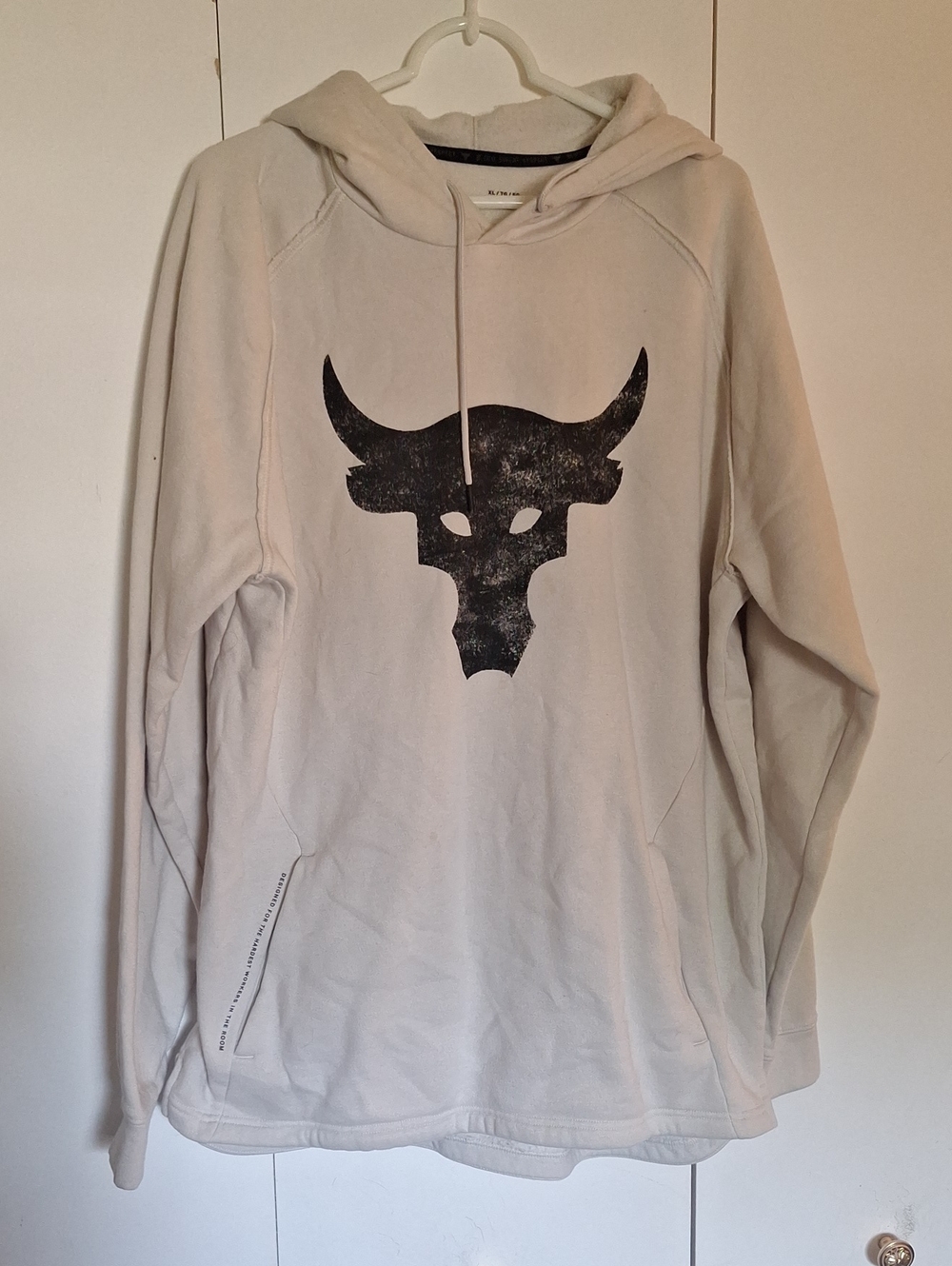 Under Armour Men's Light Beige Hoodie with Black Bull Graphic